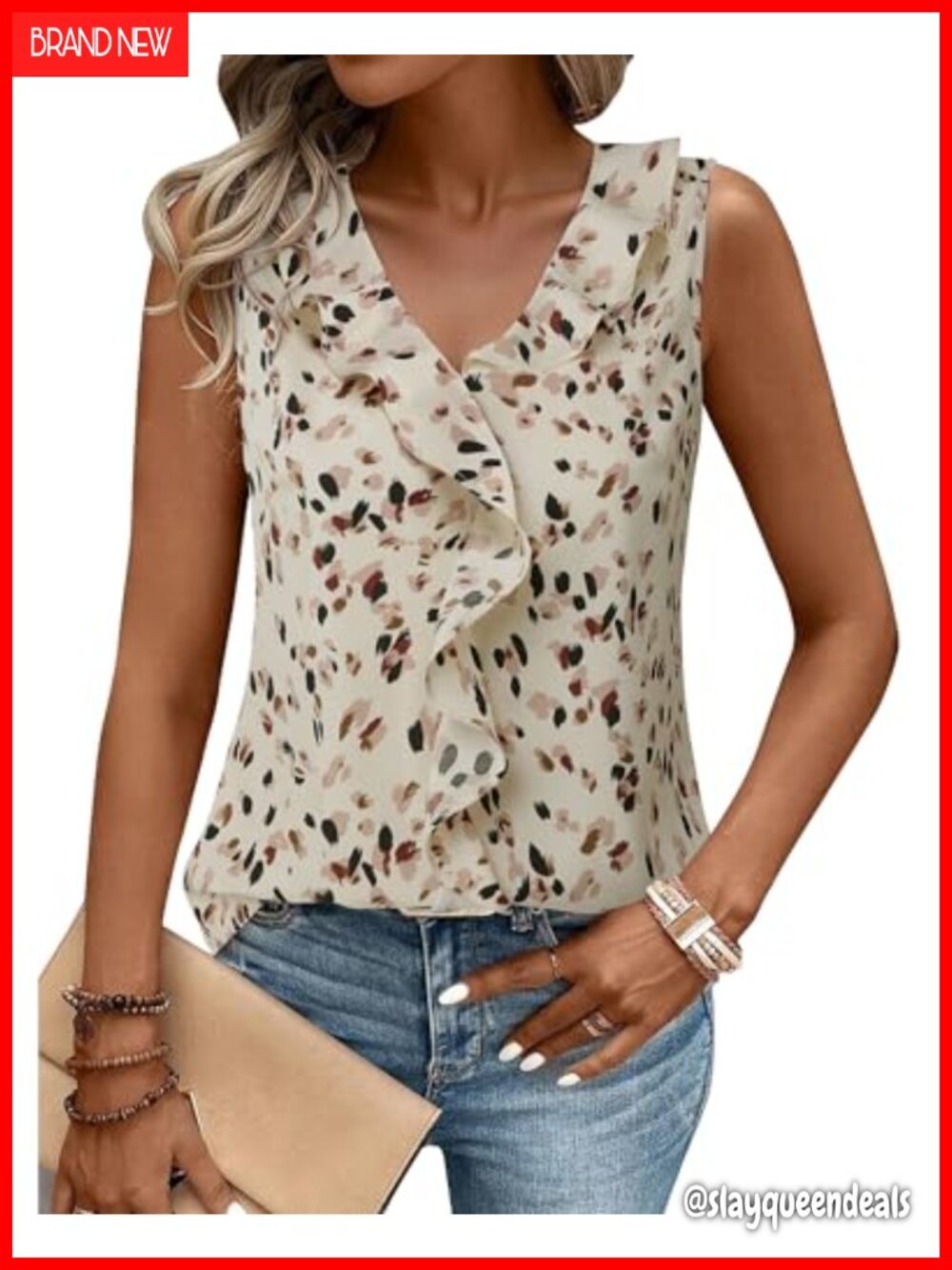 Womens Sleeveless Ruffle Front V-Neck Tank Top Business Casual Blouse